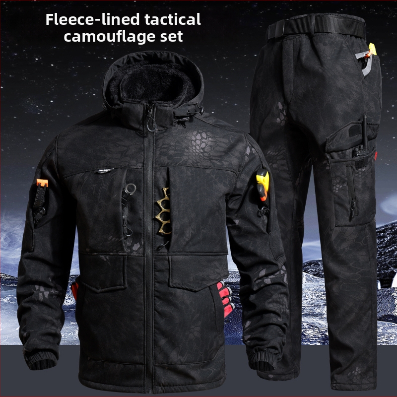 Kamufliažinis fleece darbo komplektas, vėjo atsparus ir šiltas, žieminis švarkas ir kelnės, medvilnės mišinio audinys