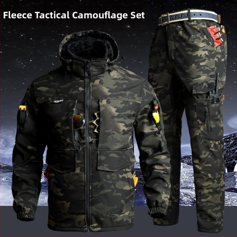Kamuflážny fleece pracovný set, vetruodolný a teplý, zimná bunda a nohavice, materiál bavlneno-zmesový