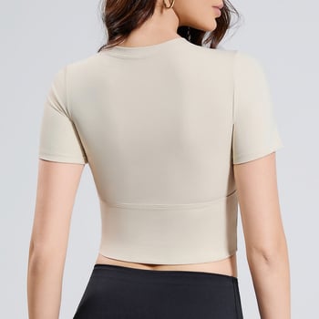 Ženski kratkih rukava joga top s proreznim dizajnom i ugrađenim košaricama, materijal Spandex mješavina 23,2%, podstava Nylon 76,8%, za trčanje i fitness