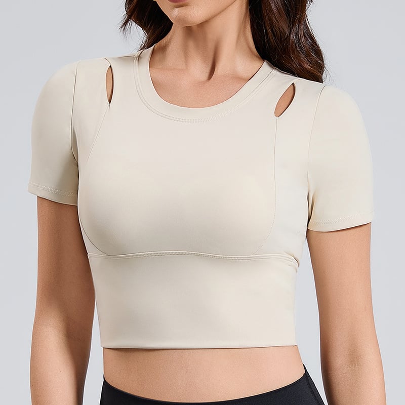 Ženski kratkih rukava joga top s proreznim dizajnom i ugrađenim košaricama, materijal Spandex mješavina 23,2%, podstava Nylon 76,8%, za trčanje i fitness