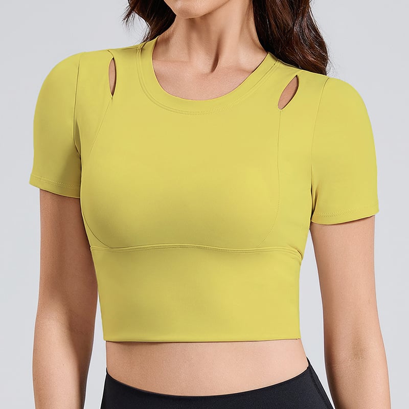 Ženski kratkih rukava joga top s proreznim dizajnom i ugrađenim košaricama, materijal Spandex mješavina 23,2%, podstava Nylon 76,8%, za trčanje i fitness