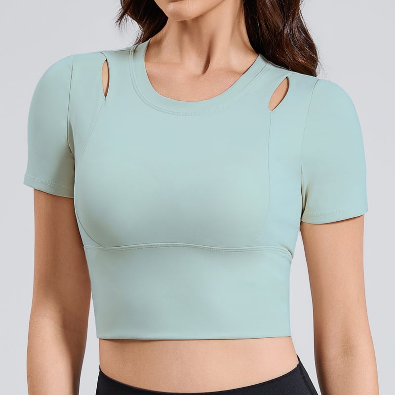 Ženski kratkih rukava joga top s proreznim dizajnom i ugrađenim košaricama, materijal Spandex mješavina 23,2%, podstava Nylon 76,8%, za trčanje i fitness