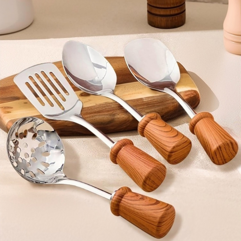 Virtuvės špatučių rinkinys su imitacine medžio rankena (Prekės ženklas: Platinum; Medžiaga: 201+410+PP; Funkcija: neprilimpančios paviršius; Stilius: senovinis, retro)