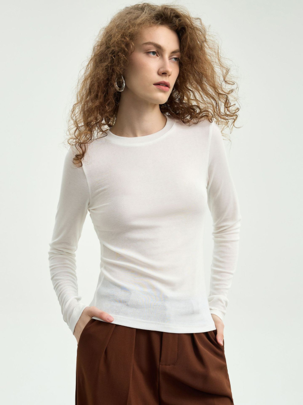 Damska majica s dugim rukavima od Tencel/Lyocell i vuna, jednobojni uzorak, elegantan gradski stil, uski kroj