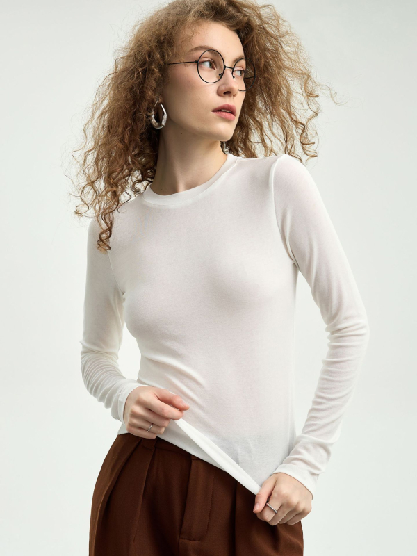 Damska majica s dugim rukavima od Tencel/Lyocell i vuna, jednobojni uzorak, elegantan gradski stil, uski kroj