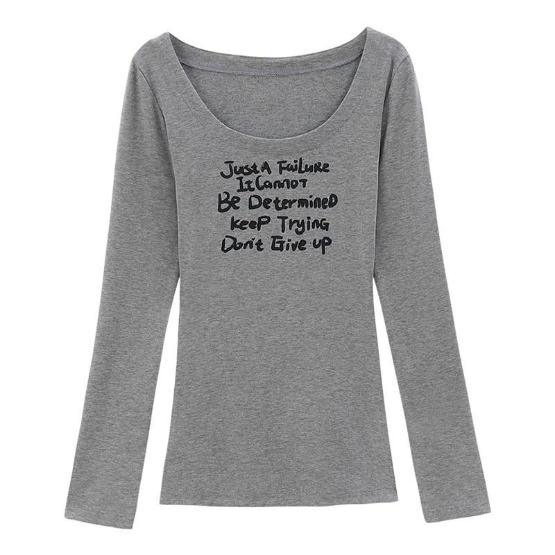 Tricou damă Slim-Fit cu guler U, mâneci lungi, imprimeu cu litere