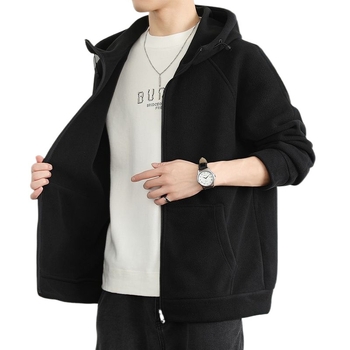 Geacă de fleece pentru bărbați cu glugă: fleece dublu fațetat, gros pentru iarnă, rezistent la uzură