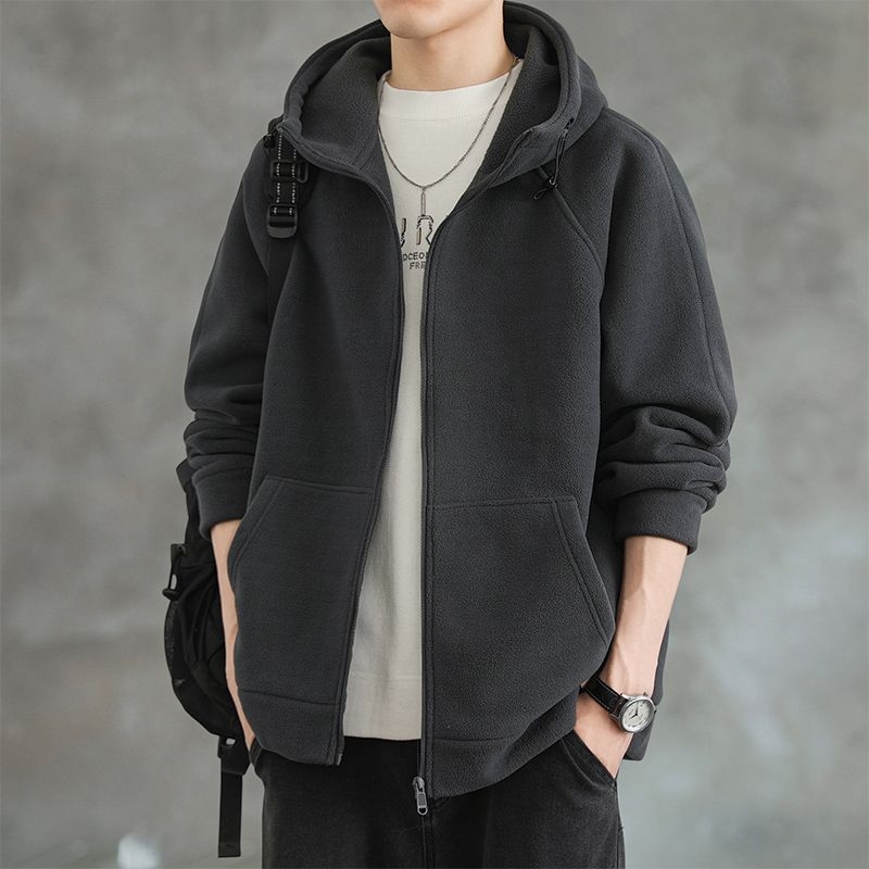 Geacă de fleece pentru bărbați cu glugă: fleece dublu fațetat, gros pentru iarnă, rezistent la uzură