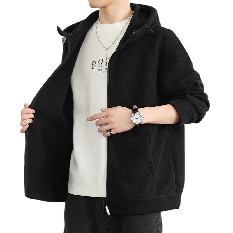 Geacă de fleece pentru bărbați cu glugă: fleece dublu fațetat, gros pentru iarnă, rezistent la uzură