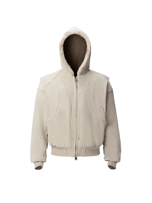 Geacă cu glugă, material sintetic amestec, căptușeală 100% poliester, fermoar frontal, buzunare laterale