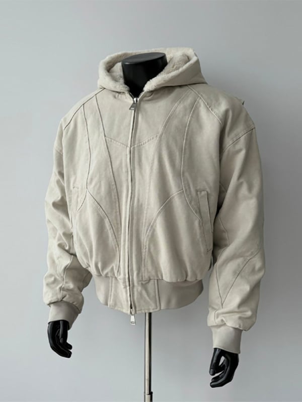 Geacă cu glugă, material sintetic amestec, căptușeală 100% poliester, fermoar frontal, buzunare laterale