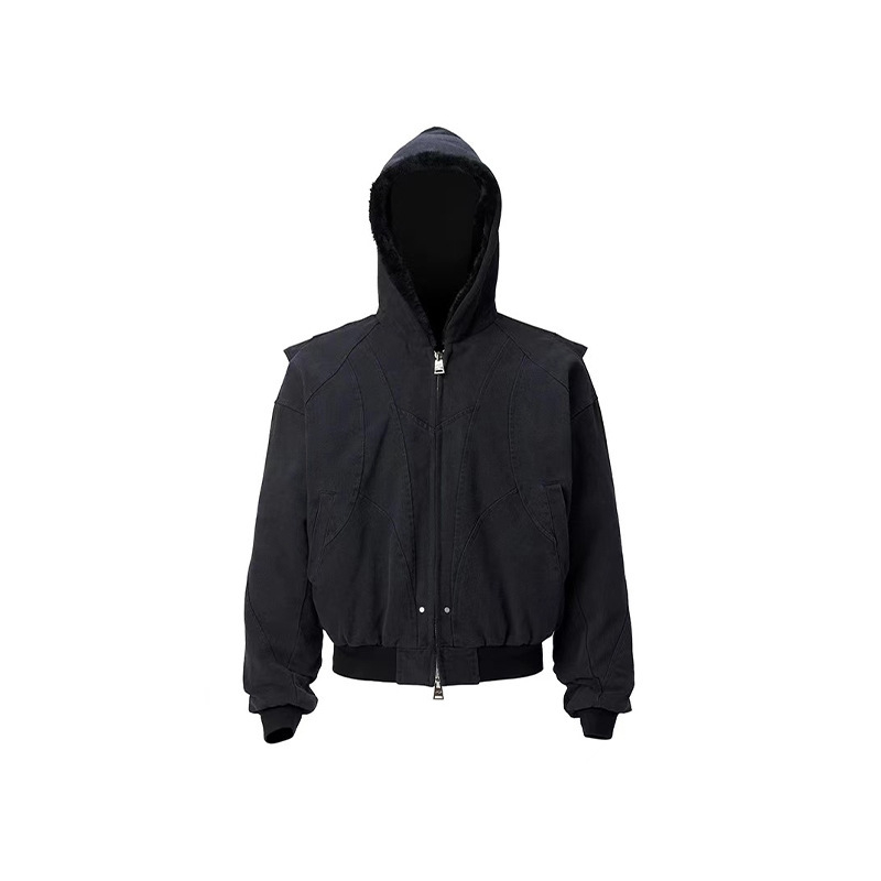 Geacă cu glugă, material sintetic amestec, căptușeală 100% poliester, fermoar frontal, buzunare laterale