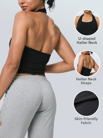 Sporta krūšturis ar spilventiņu, augsta atbalsta sniegums, halter kakla siksnas, neilons 75% / spandex 25%, pilns krūšu kauss, formēts kauss ar plānu augšpusi un biezu apakšu