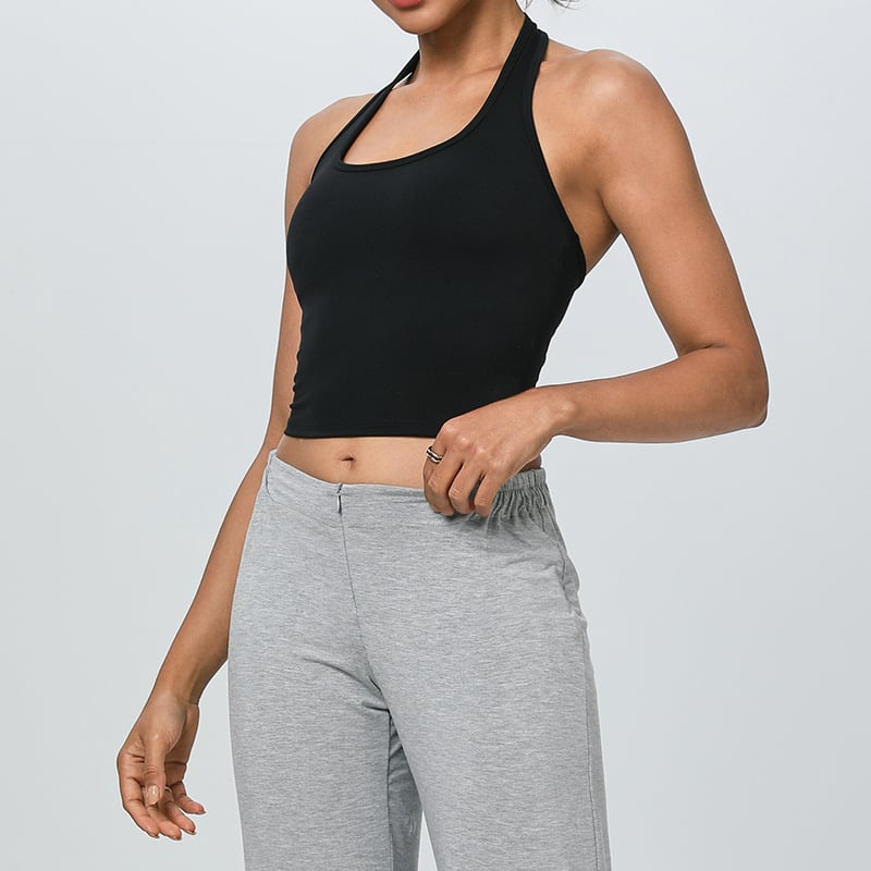 Sporta krūšturis ar spilventiņu, augsta atbalsta sniegums, halter kakla siksnas, neilons 75% / spandex 25%, pilns krūšu kauss, formēts kauss ar plānu augšpusi un biezu apakšu