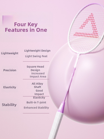 Peak badminton raketė, itin lengvas anglies pluošto rėmas, svoris 95–100 g, rankenos storis G4, raketės tipas: tiesus