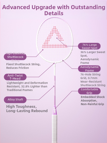 Peak badminton raketė, itin lengvas anglies pluošto rėmas, svoris 95–100 g, rankenos storis G4, raketės tipas: tiesus