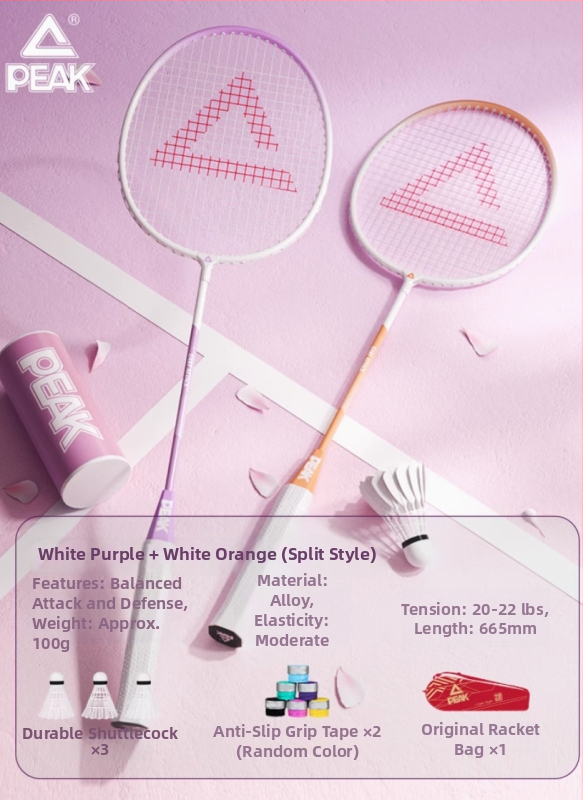 Peak badminton raketė, itin lengvas anglies pluošto rėmas, svoris 95–100 g, rankenos storis G4, raketės tipas: tiesus