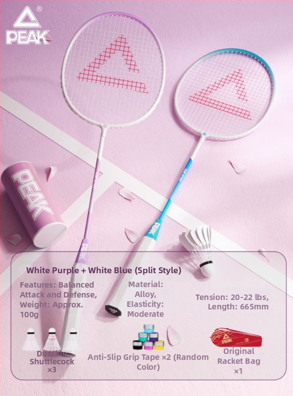 Peak badminton raketė, itin lengvas anglies pluošto rėmas, svoris 95–100 g, rankenos storis G4, raketės tipas: tiesus