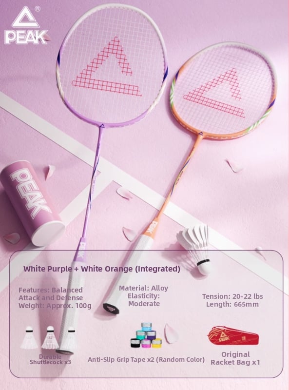 Peak badminton raketė, itin lengvas anglies pluošto rėmas, svoris 95–100 g, rankenos storis G4, raketės tipas: tiesus