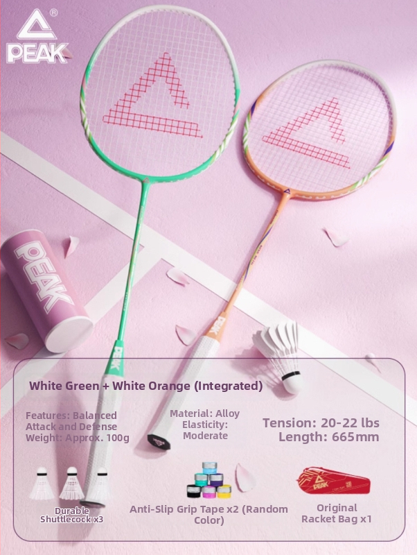 Peak badminton raketė, itin lengvas anglies pluošto rėmas, svoris 95–100 g, rankenos storis G4, raketės tipas: tiesus