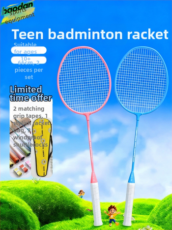Badminton raketė, plieno lydinio rėmas, nailono virvės, svoris 95–100 g, tiesus kotas, vidutinis standumas