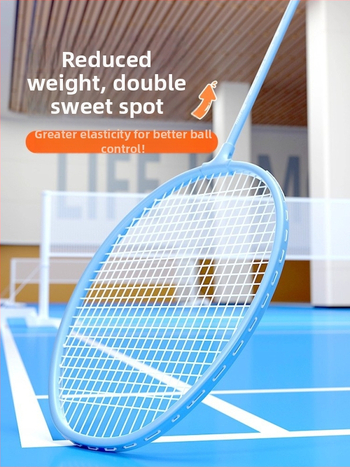 Badminton raketė, plieno lydinio rėmas, nailono virvės, svoris 95–100 g, tiesus kotas, vidutinis standumas