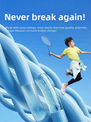 Badminton raketė, plieno lydinio rėmas, nailono virvės, svoris 95–100 g, tiesus kotas, vidutinis standumas