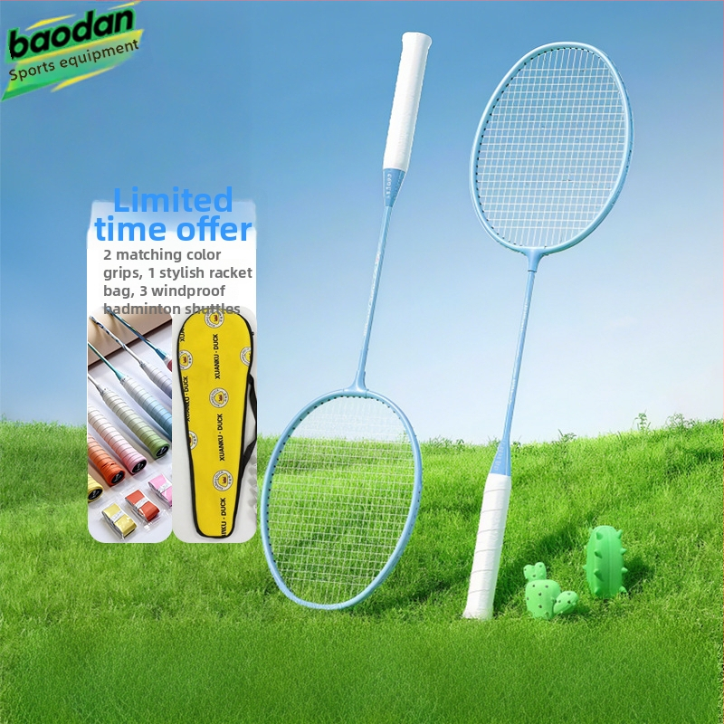 Badminton raketė, plieno lydinio rėmas, nailono virvės, svoris 95–100 g, tiesus kotas, vidutinis standumas