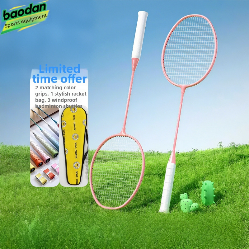 Badminton raketė, plieno lydinio rėmas, nailono virvės, svoris 95–100 g, tiesus kotas, vidutinis standumas