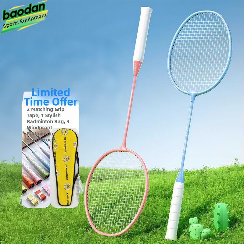 Badminton raketė, plieno lydinio rėmas, nailono virvės, svoris 95–100 g, tiesus kotas, vidutinis standumas