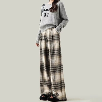 Pantaloni femei cu croială largă, din lână carouri, lungi, casual, din țesătură țesută, cu buzunare