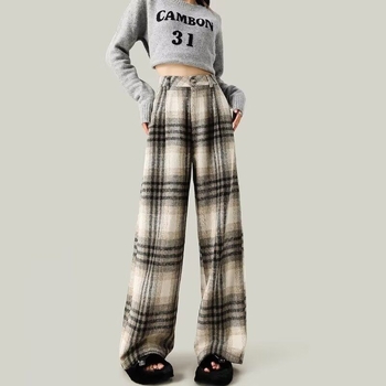Pantaloni femei cu croială largă, din lână carouri, lungi, casual, din țesătură țesută, cu buzunare