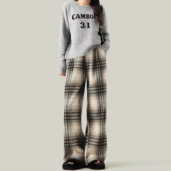 Pantaloni femei cu croială largă, din lână carouri, lungi, casual, din țesătură țesută, cu buzunare
