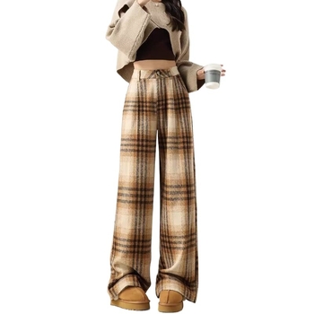 Pantaloni femei cu croială largă, din lână carouri, lungi, casual, din țesătură țesută, cu buzunare