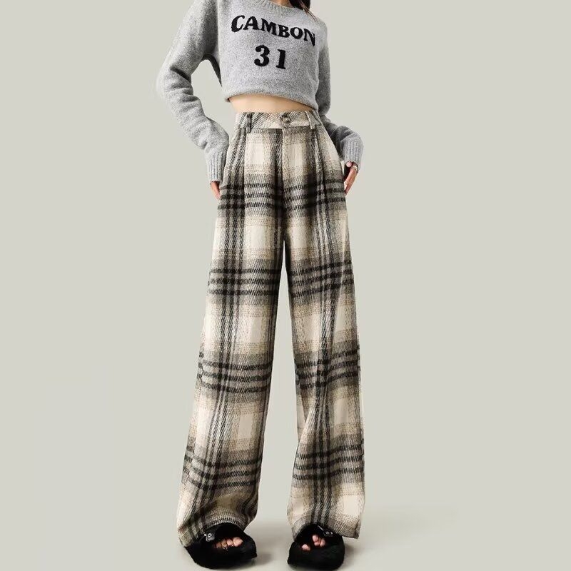 Pantaloni femei cu croială largă, din lână carouri, lungi, casual, din țesătură țesută, cu buzunare