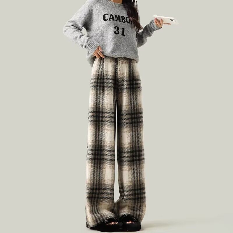 Pantaloni femei cu croială largă, din lână carouri, lungi, casual, din țesătură țesută, cu buzunare