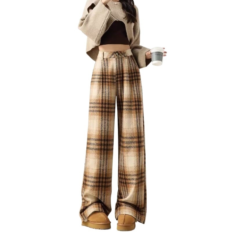 Pantaloni femei cu croială largă, din lână carouri, lungi, casual, din țesătură țesută, cu buzunare