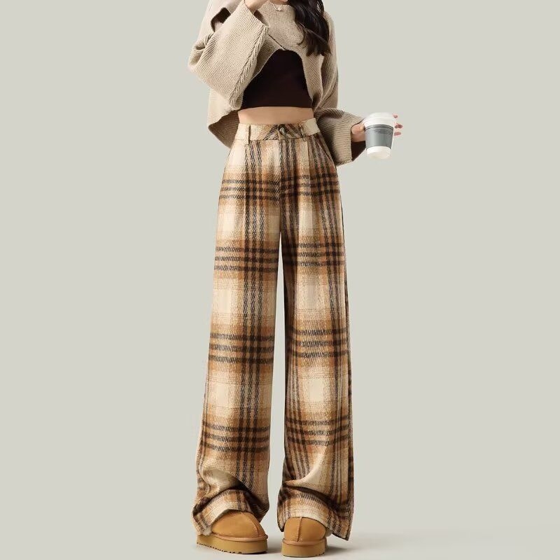 Pantaloni femei cu croială largă, din lână carouri, lungi, casual, din țesătură țesută, cu buzunare