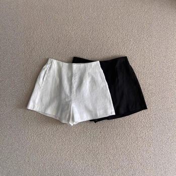 Pantaloni casual din amestec de in și bumbac, talie înaltă, stil japonez, lungime 3/4, micro-elastic