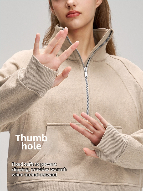 Női szélvédett fleece belsővel ellátott felső, fél-zip, laza szabás, pamut–poliészter keverék 70/30