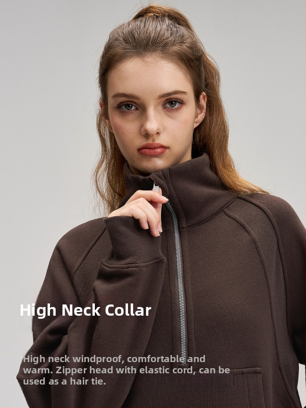 Női szélvédett fleece belsővel ellátott felső, fél-zip, laza szabás, pamut–poliészter keverék 70/30