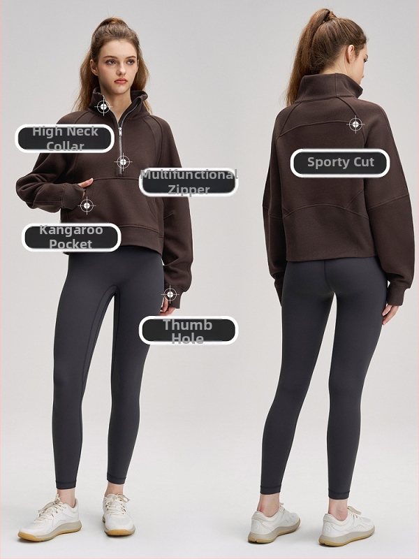 Női szélvédett fleece belsővel ellátott felső, fél-zip, laza szabás, pamut–poliészter keverék 70/30