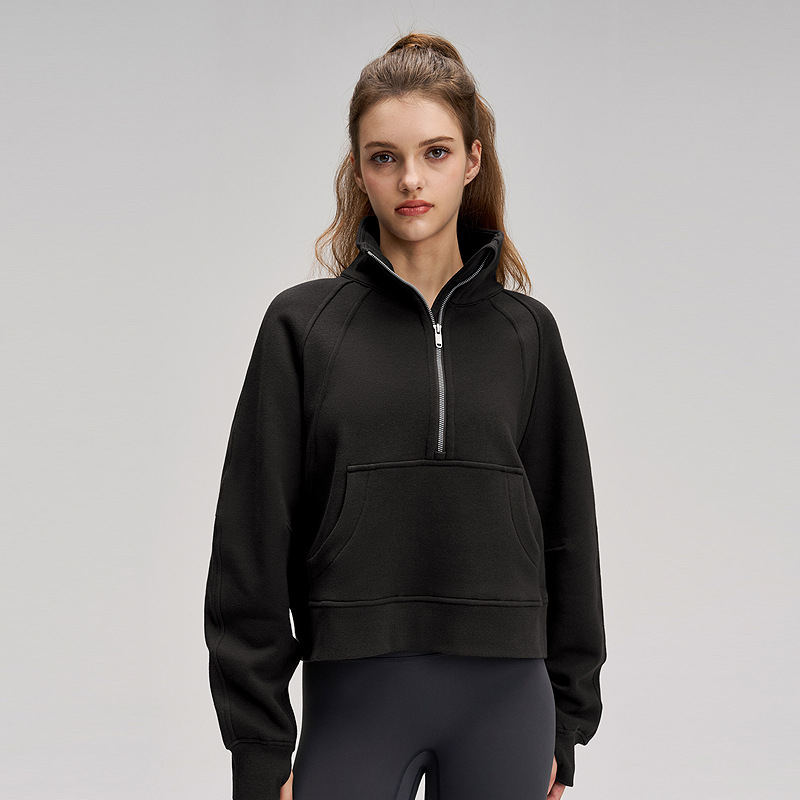 Női szélvédett fleece belsővel ellátott felső, fél-zip, laza szabás, pamut–poliészter keverék 70/30