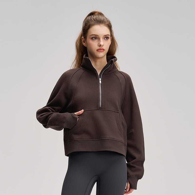 Női szélvédett fleece belsővel ellátott felső, fél-zip, laza szabás, pamut–poliészter keverék 70/30