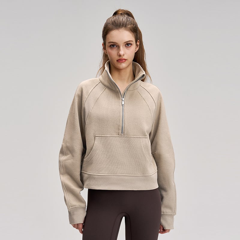 Női szélvédett fleece belsővel ellátott felső, fél-zip, laza szabás, pamut–poliészter keverék 70/30