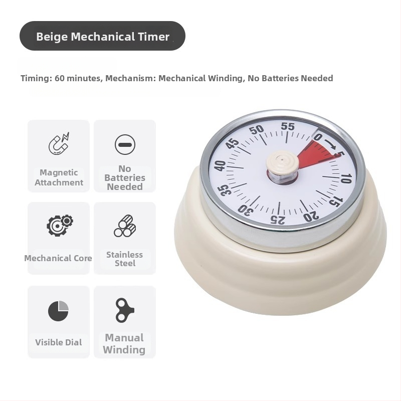 Cronometru vizual mecanic cu montaj magnetic pentru bucătărie și studiu – carcasă rotundă din ABS, acționare manuală, afișaj cu indicator, cronometru