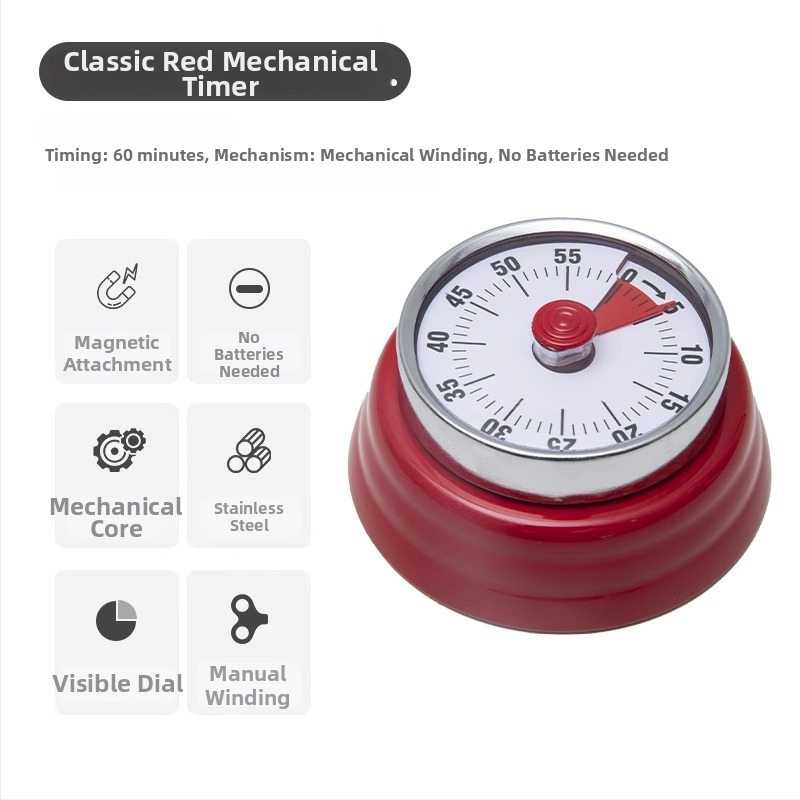 Cronometru vizual mecanic cu montaj magnetic pentru bucătărie și studiu – carcasă rotundă din ABS, acționare manuală, afișaj cu indicator, cronometru