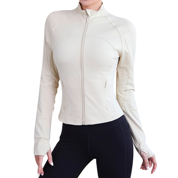 Jachetă de fitness pentru femei cu guler înalt, buzunar cu fermoar, mâneci lungi, material extensibil, uscare rapidă din amestec nylon