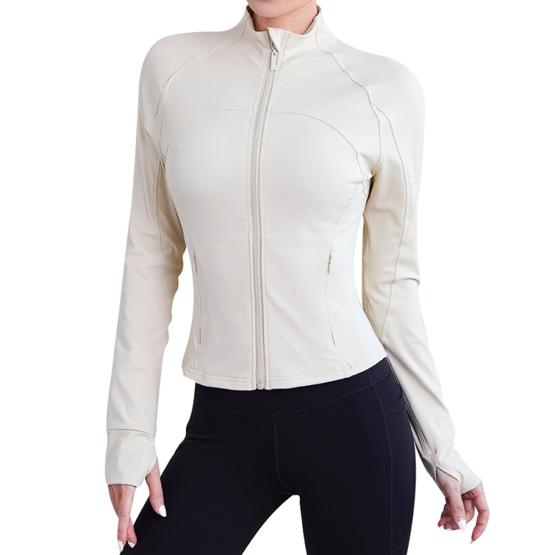 Jachetă de fitness pentru femei cu guler înalt, buzunar cu fermoar, mâneci lungi, material extensibil, uscare rapidă din amestec nylon