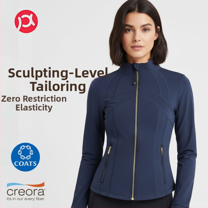 Moteriška jogos ir fitneso striukė, siauras siluetas, Nylon-Spandex audinys, apvalus kaklas, ilgomis rankovėmis, itin lengva